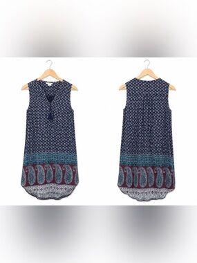BeachLunchLounge Sleeveless Boho Print Shift Dress Size Small Navy Burgundy